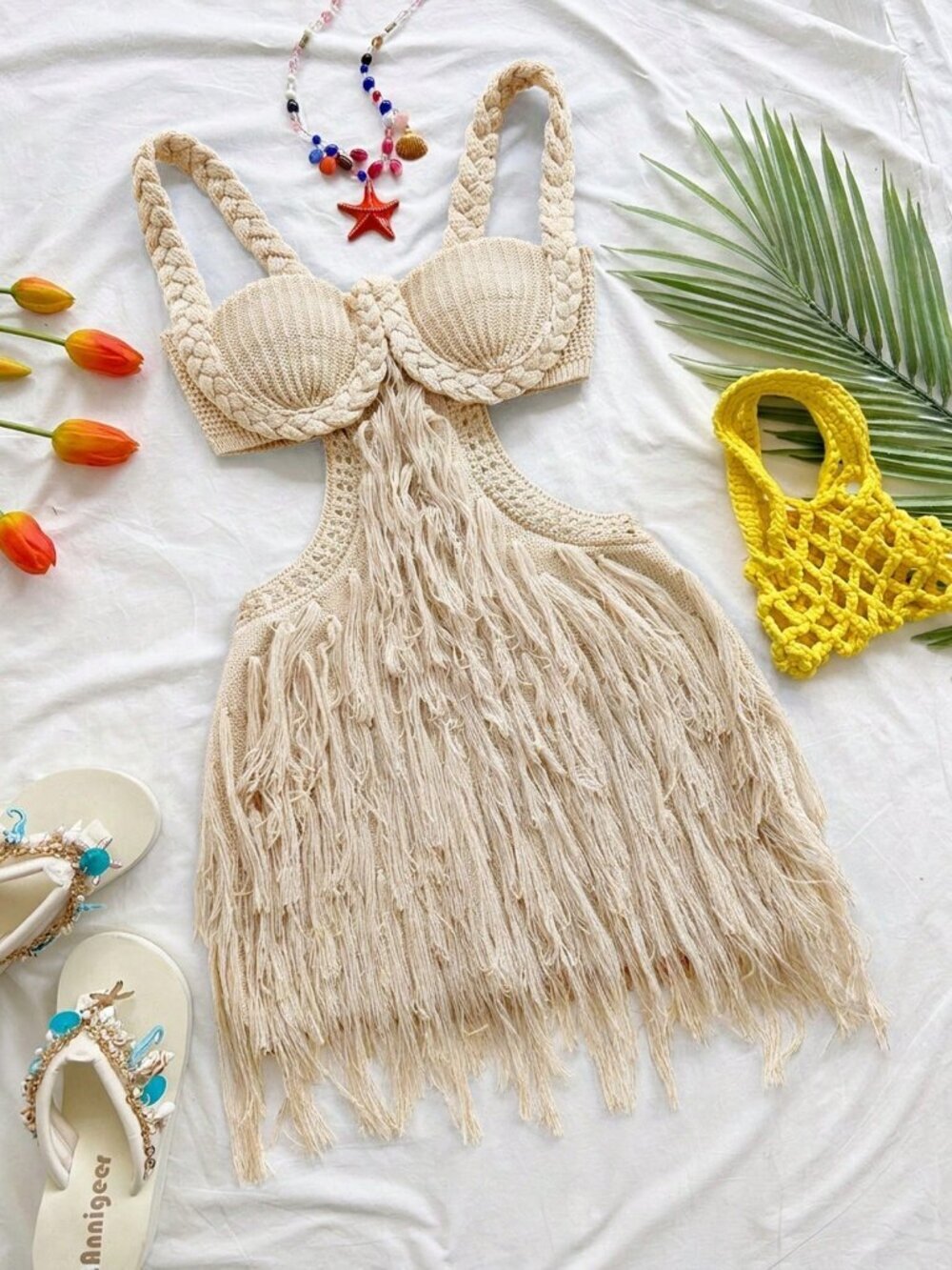 Apricot Sexy Spaghetti Strap Crochet Bustier Bodycon Mini Women's Dress